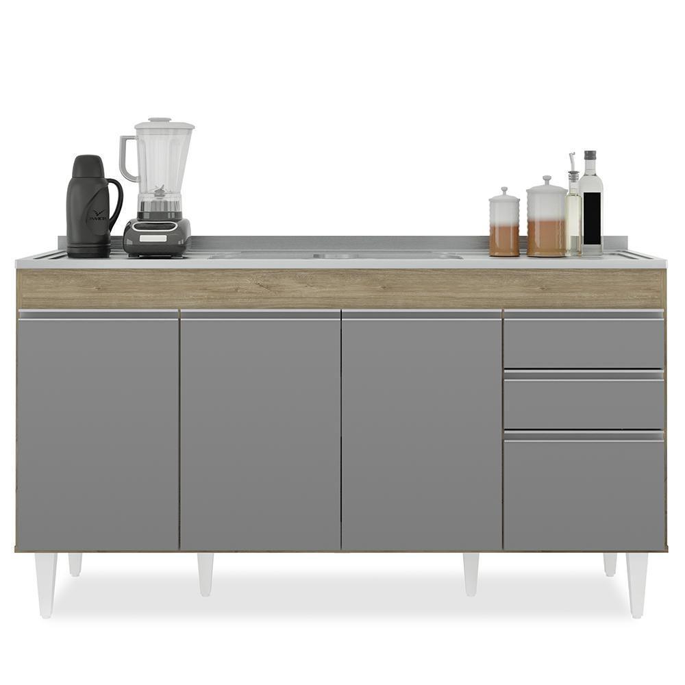 Armário De Cozinha Modulado De Canto 7 Peças Cp24 Com Pia Inox Castanho/cinza - Lumil - 7