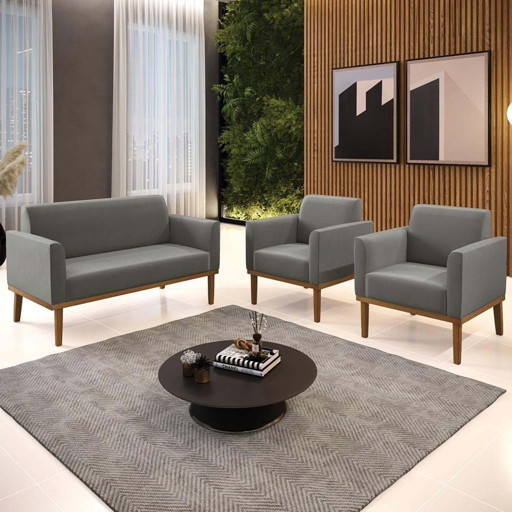 Sofá Namoradeira E 2 Poltronas Base Madeira Castanho Maressa Suede Grafite - Ibiza - 2