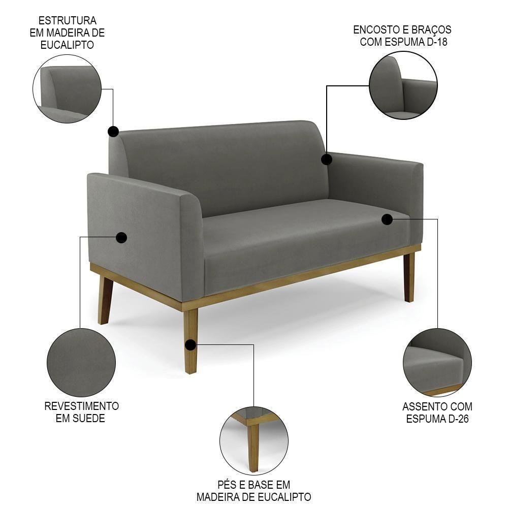 Sofá Namoradeira E 2 Poltronas Base Madeira Castanho Maressa Suede Grafite - Ibiza - 4