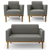 Sofá Namoradeira E 2 Poltronas Base Madeira Castanho Maressa Suede Grafite - Ibiza - 1