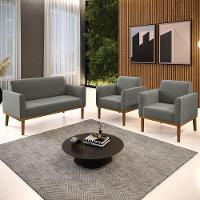 Sofá Namoradeira E 2 Poltronas Base Madeira Castanho Maressa Suede Grafite - Ibiza - 2