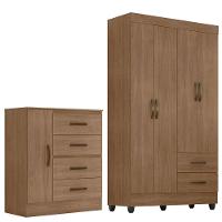 Kit Guarda-roupa Solteiro 4 Portas Com Cômoda Sapateira Lisa Carvalho Oak - 1