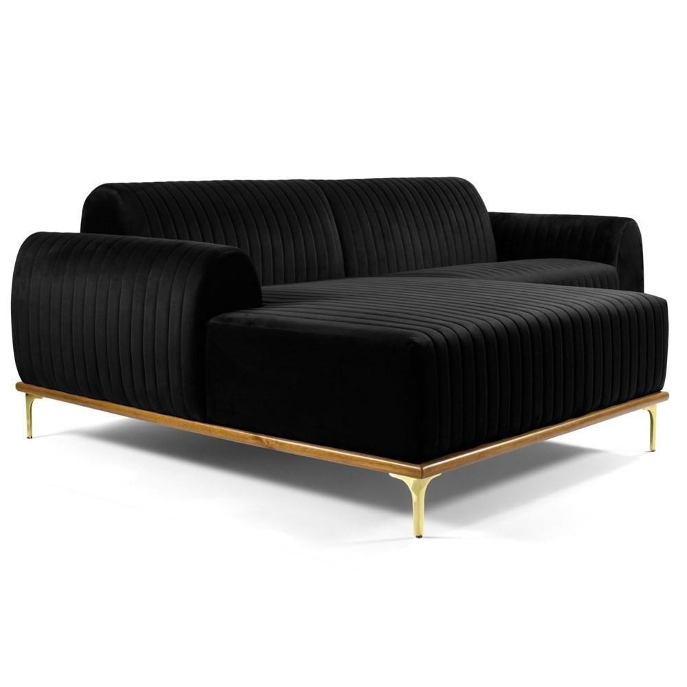 Sofá 265cm 4 Lugares Com Chaise Esquerdo Pés Gold Molino C-300 Veludo Preto - Domi - 1