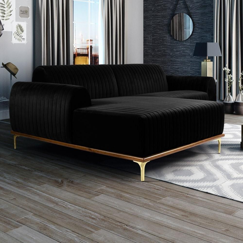 Sofá 265cm 4 Lugares Com Chaise Esquerdo Pés Gold Molino C-300 Veludo Preto - Domi - 2