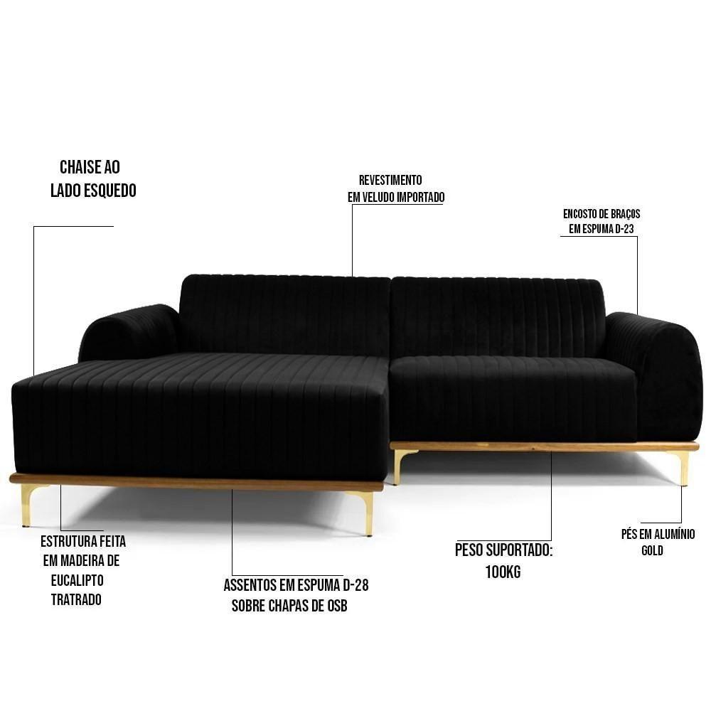 Sofá 265cm 4 Lugares Com Chaise Esquerdo Pés Gold Molino C-300 Veludo Preto - Domi - 3