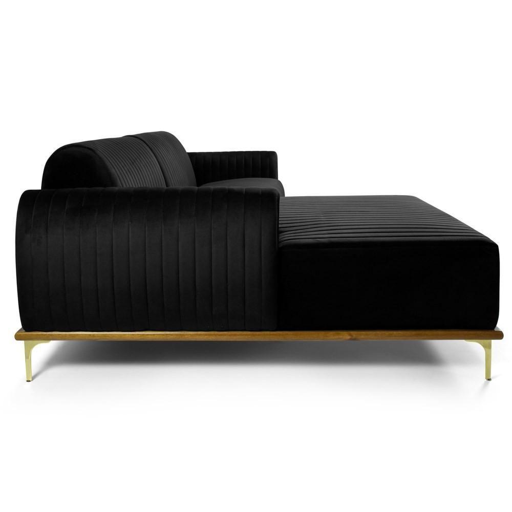 Sofá 265cm 4 Lugares Com Chaise Esquerdo Pés Gold Molino C-300 Veludo Preto - Domi - 6