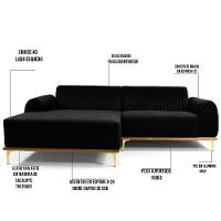 Sofá 265cm 4 Lugares Com Chaise Esquerdo Pés Gold Molino C-300 Veludo Preto - Domi - 3