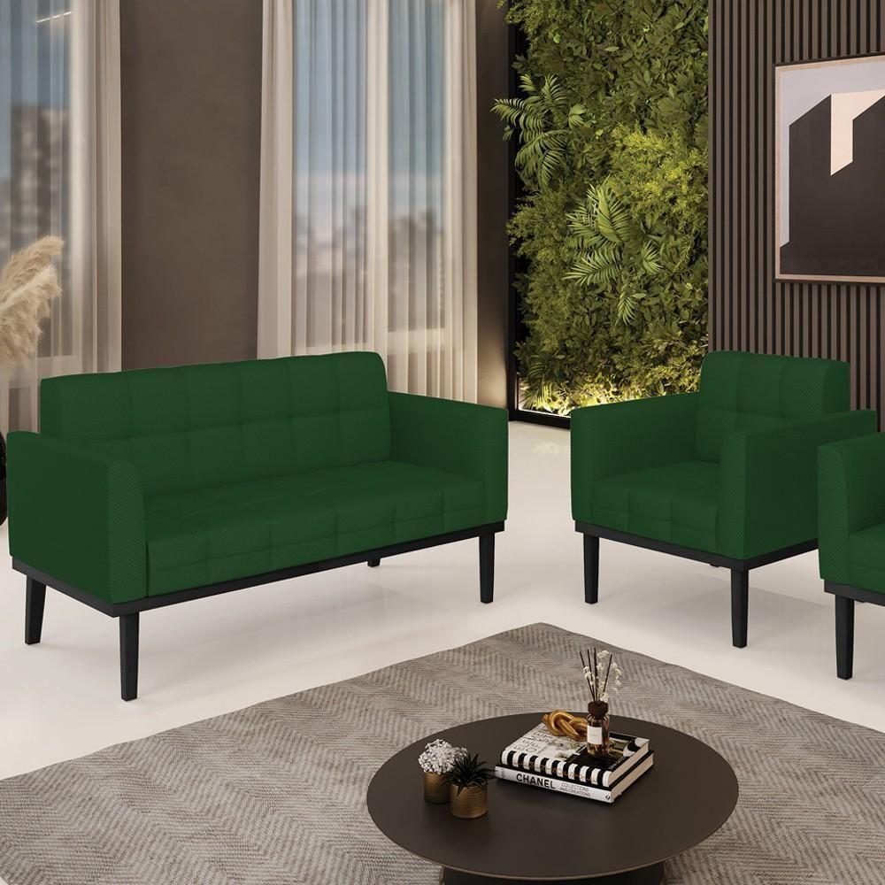 Sofá Namoradeira E 1 Poltrona Base Madeira Preto Ana Veludo Luxo Verde - Ibiza - 3