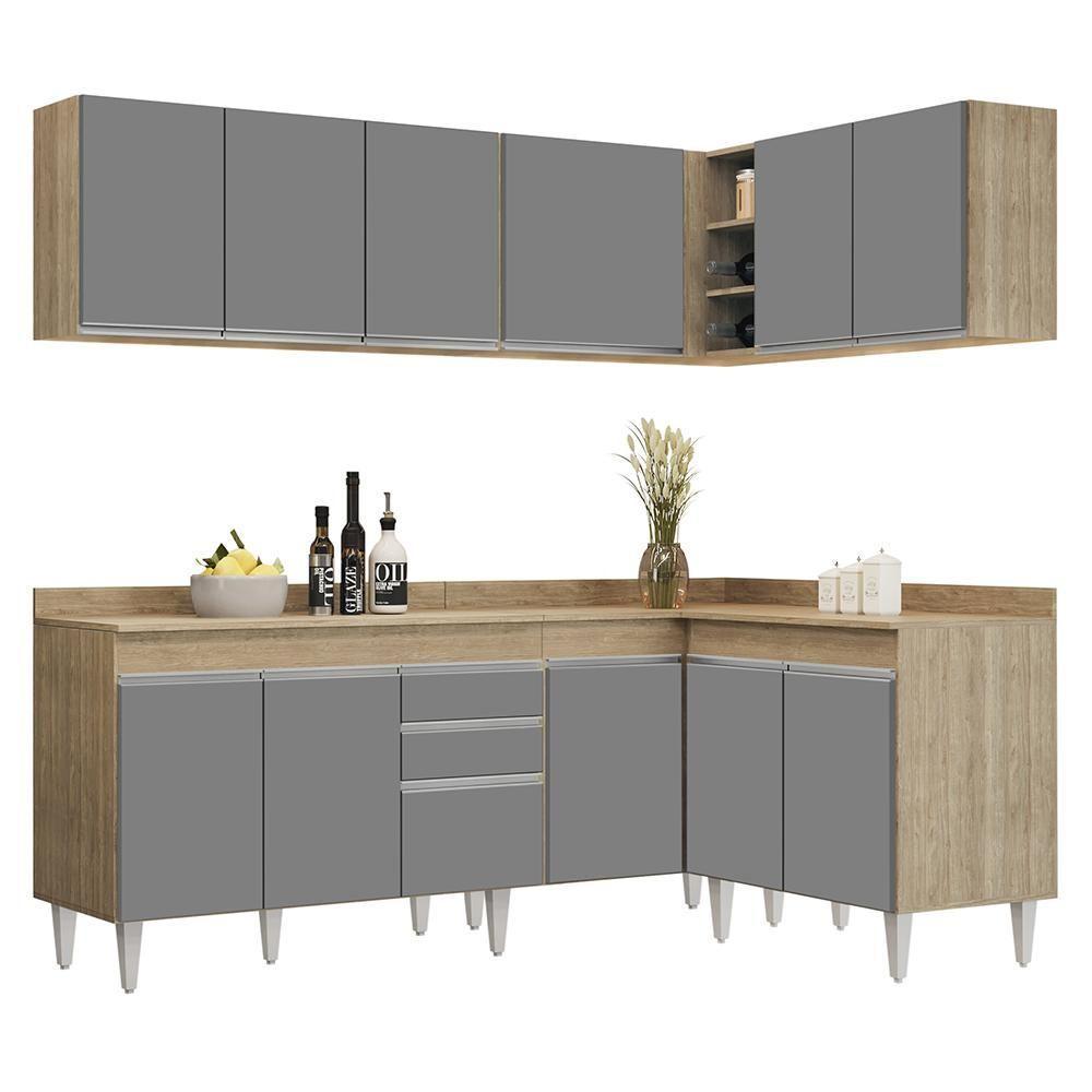 Armário De Cozinha Modulado De Canto 6 Peças Cp29 Balcão Com Tampo Castanho/cinza - Lumil - 1