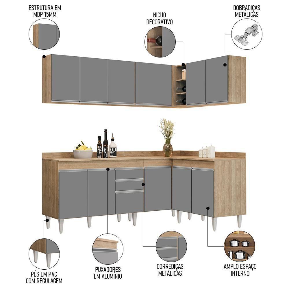 Armário De Cozinha Modulado De Canto 6 Peças Cp29 Balcão Com Tampo Castanho/cinza - Lumil - 6