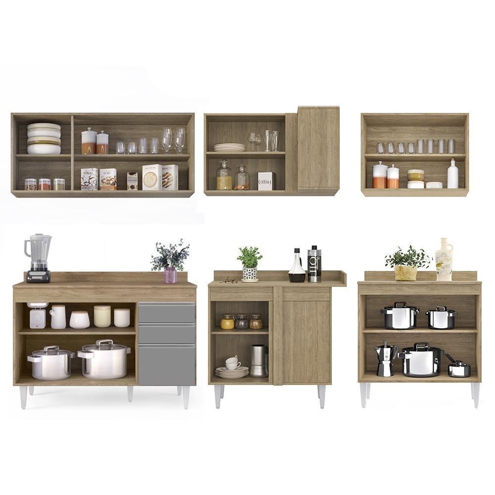 Armário De Cozinha Modulado De Canto 6 Peças Cp29 Balcão Com Tampo Castanho/cinza - Lumil - 10