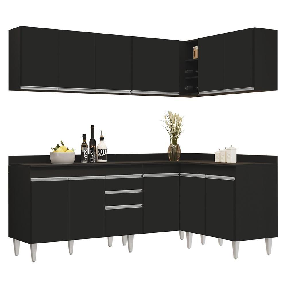 Armário De Cozinha Modulado De Canto 6 Peças Cp29 Balcão Com Tampo Preto - Lumil - 1