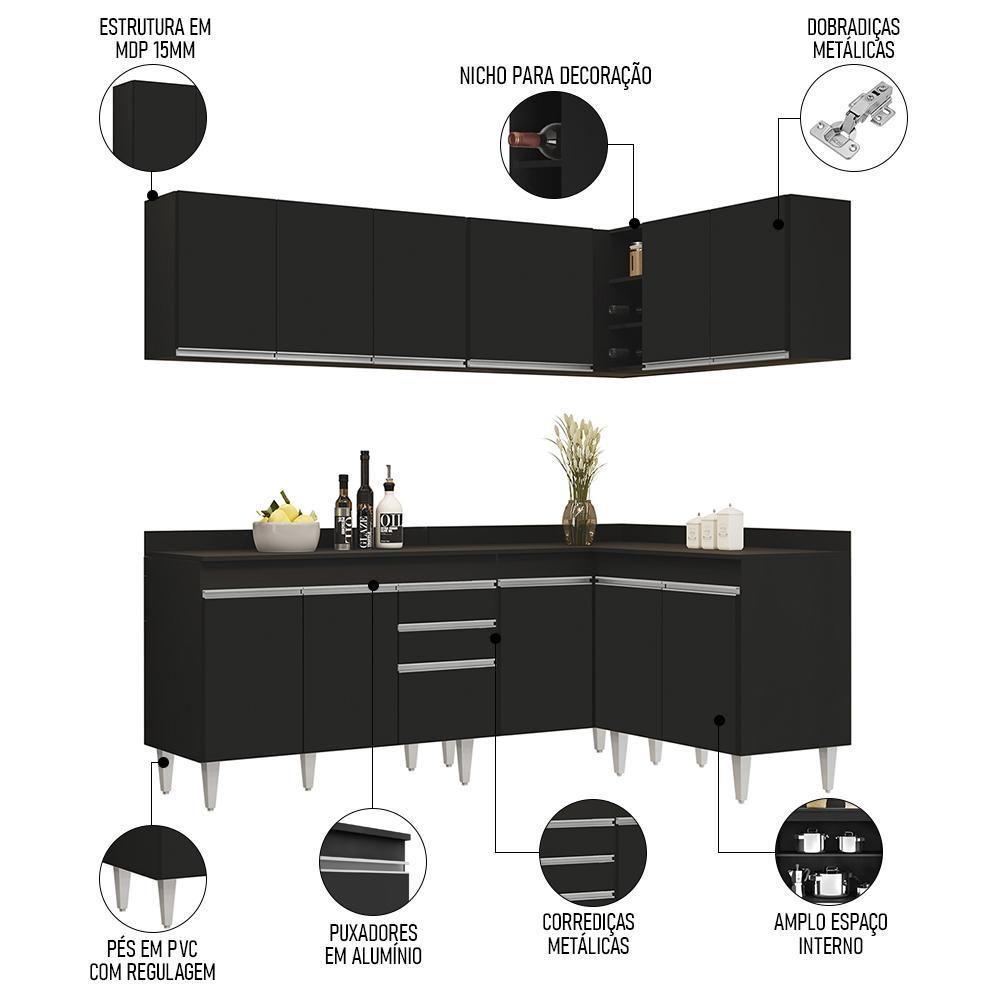 Armário De Cozinha Modulado De Canto 6 Peças Cp29 Balcão Com Tampo Preto - Lumil - 3