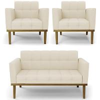 Sofá Namoradeira E 2 Poltronas Base Madeira Castanho Ana Linho Bege - Ibiza - 1