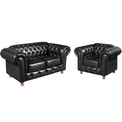 Conjunto Sofá 2 Lugares E Poltrona Chesterfield Luís Xv Vintage Retrô Capitonê Couro Preto