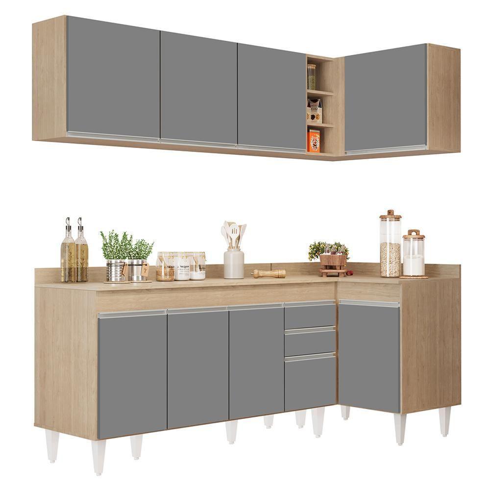 Armário De Cozinha Modulado De Canto Esquerdo 4 Peças Cp50 Balcão Com Tampo Castanho/cinza - Lumil - 1