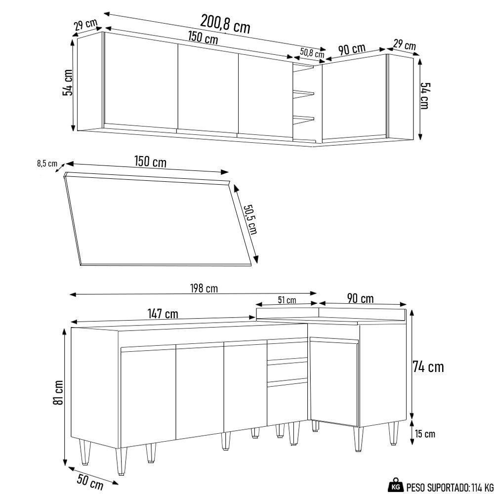 Armário De Cozinha Modulado De Canto Esquerdo 4 Peças Cp50 Balcão Com Tampo Castanho/cinza - Lumil - 4