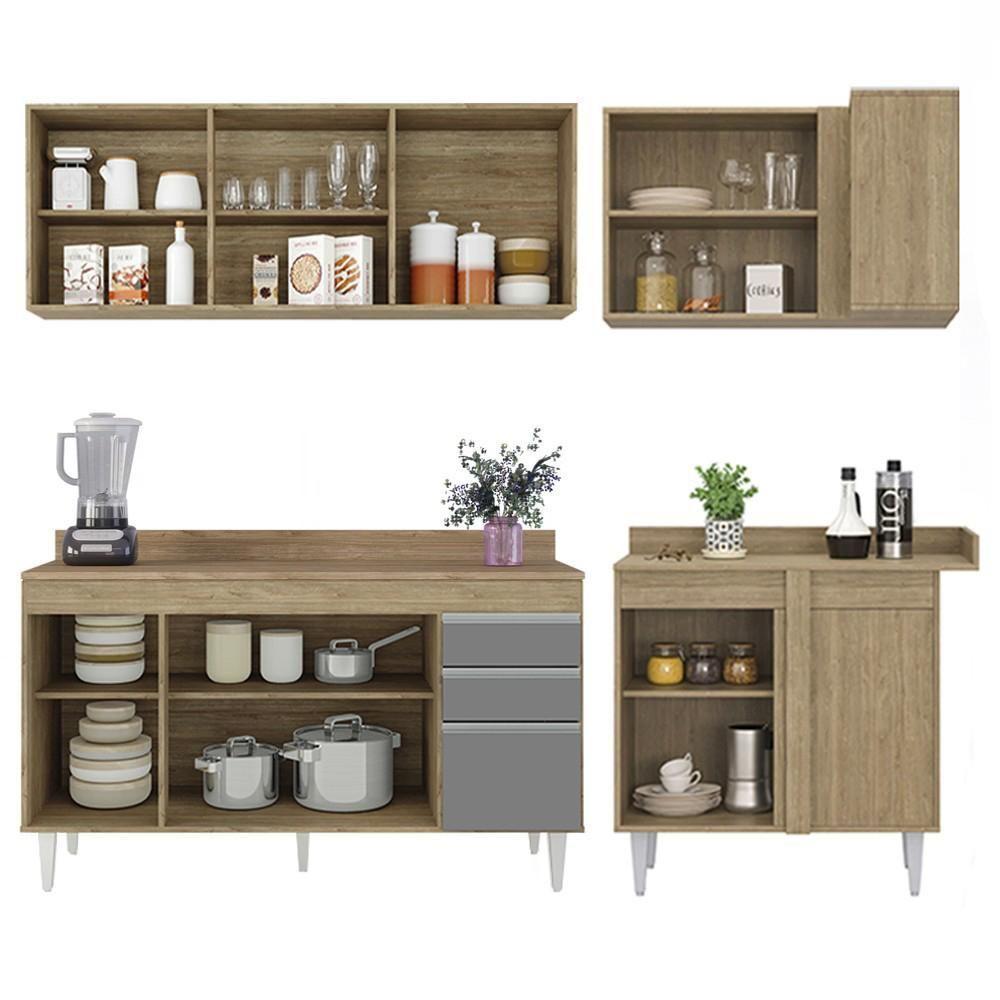 Armário De Cozinha Modulado De Canto Esquerdo 4 Peças Cp50 Balcão Com Tampo Castanho/cinza - Lumil - 6