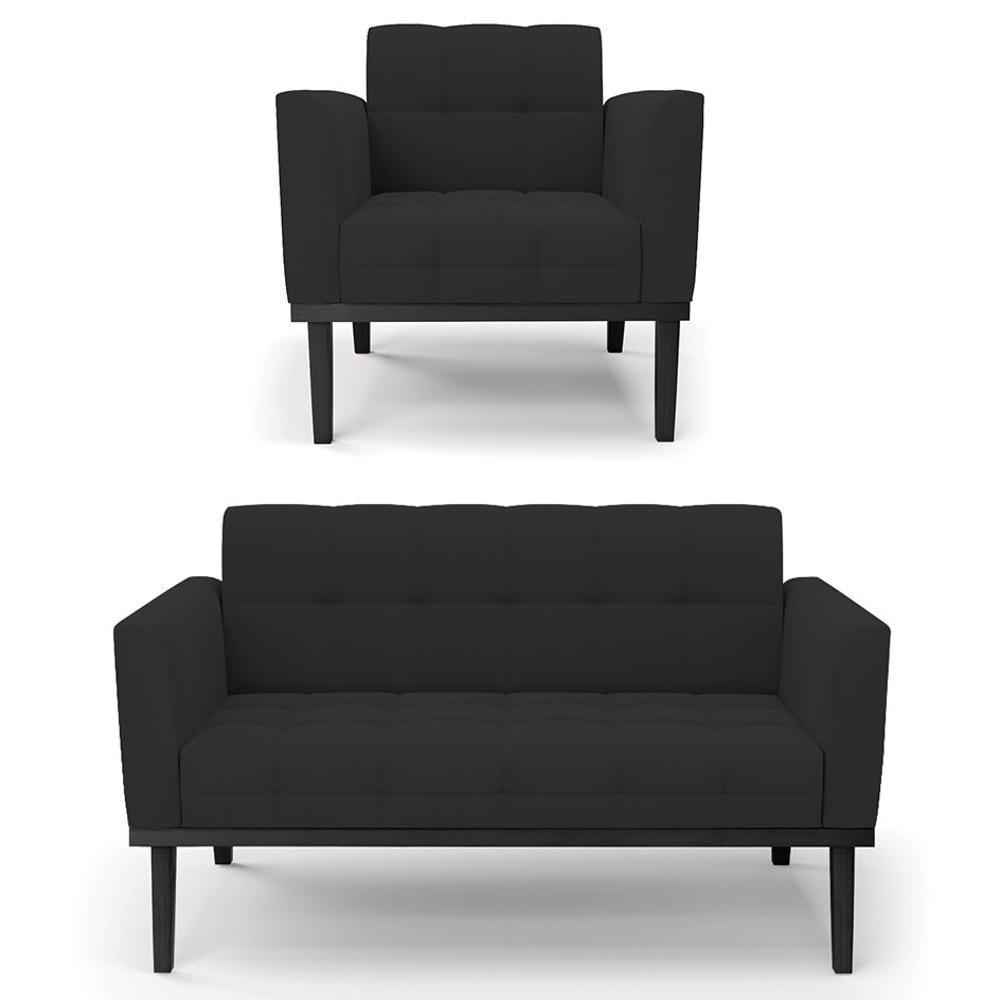 Sofá Namoradeira E 1 Poltrona Base Madeira Preto Ana Veludo Preto - Ibiza - 1