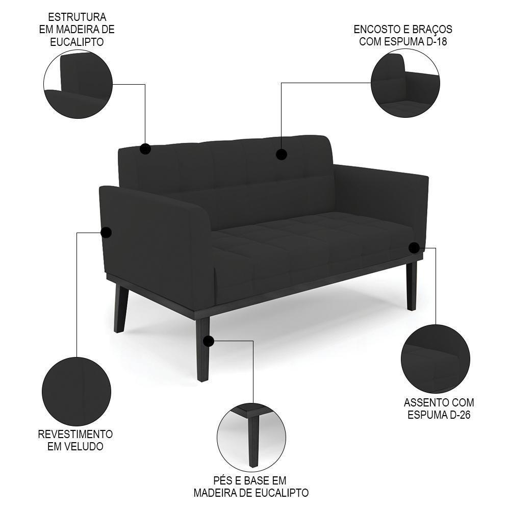 Sofá Namoradeira E 1 Poltrona Base Madeira Preto Ana Veludo Preto - Ibiza - 3