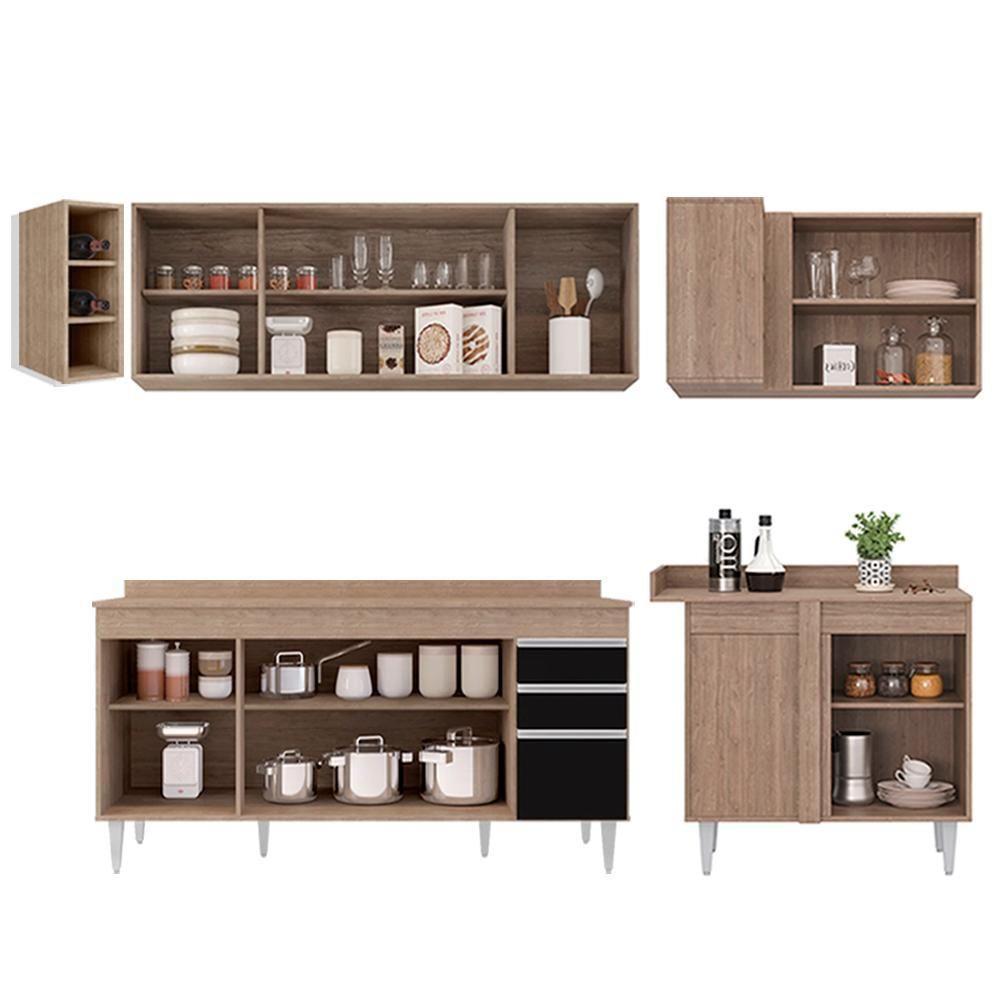 Armário De Cozinha Modulado De Canto Esquerdo 5 Peças Cp53 Balcão Com Tampo Castanho/preto - Lumil - 6