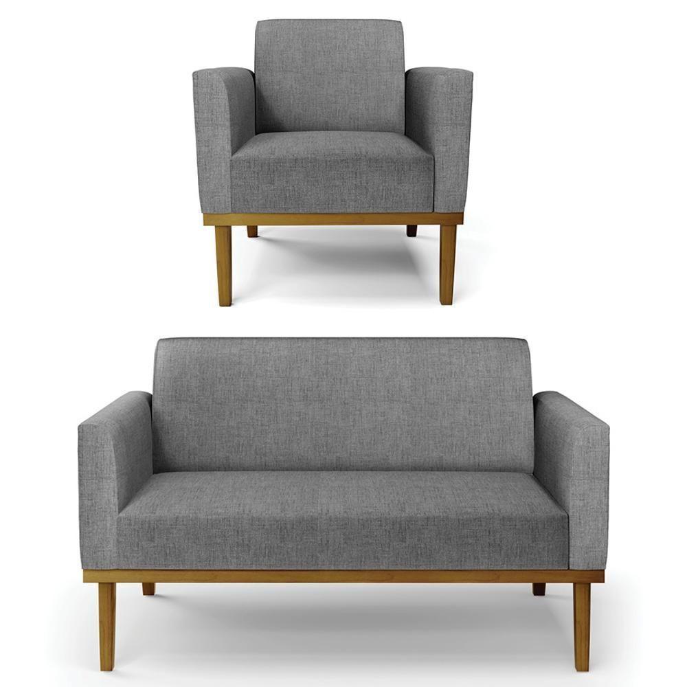 Sofá Namoradeira E 1 Poltrona Base Madeira Castanho Maressa Linho Grafite - Ibiza - 1