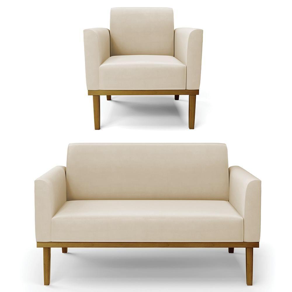 Sofá Namoradeira E 1 Poltrona Base Madeira Castanho Maressa Suede Bege - Ibiza - 1