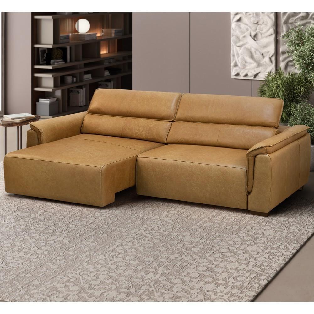 Sofá Retrátil 3 Lugares Sala 220cm Laurie L08 Couro Camel - Mpozenato - 2