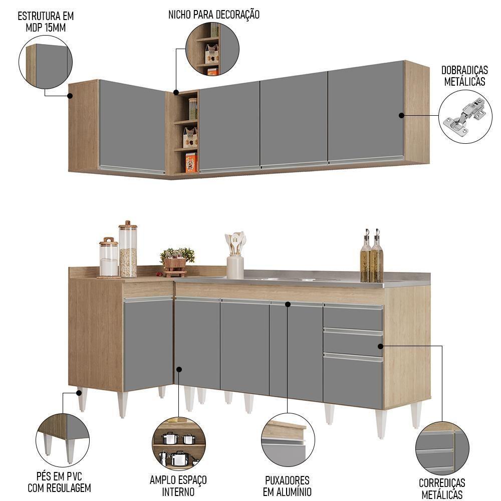 Armário De Cozinha Modulado De Canto Direito 4 Peças Cp42 Com Pia Inox Castanho/cinza - Lumil - 3