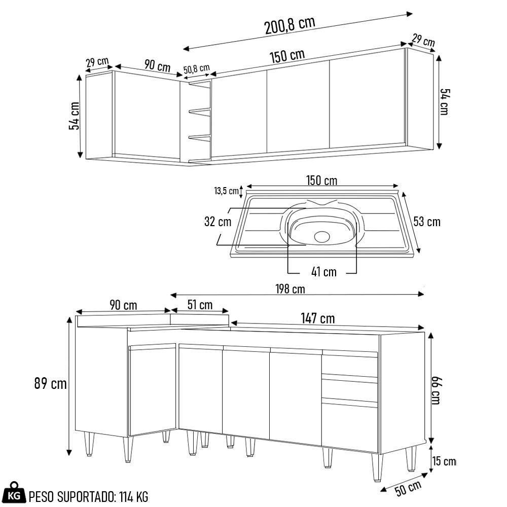 Armário De Cozinha Modulado De Canto Direito 4 Peças Cp42 Com Pia Inox Castanho/cinza - Lumil - 4