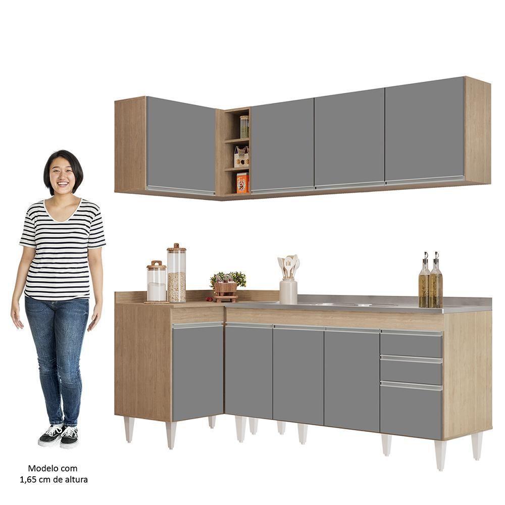 Armário De Cozinha Modulado De Canto Direito 4 Peças Cp42 Com Pia Inox Castanho/cinza - Lumil - 5