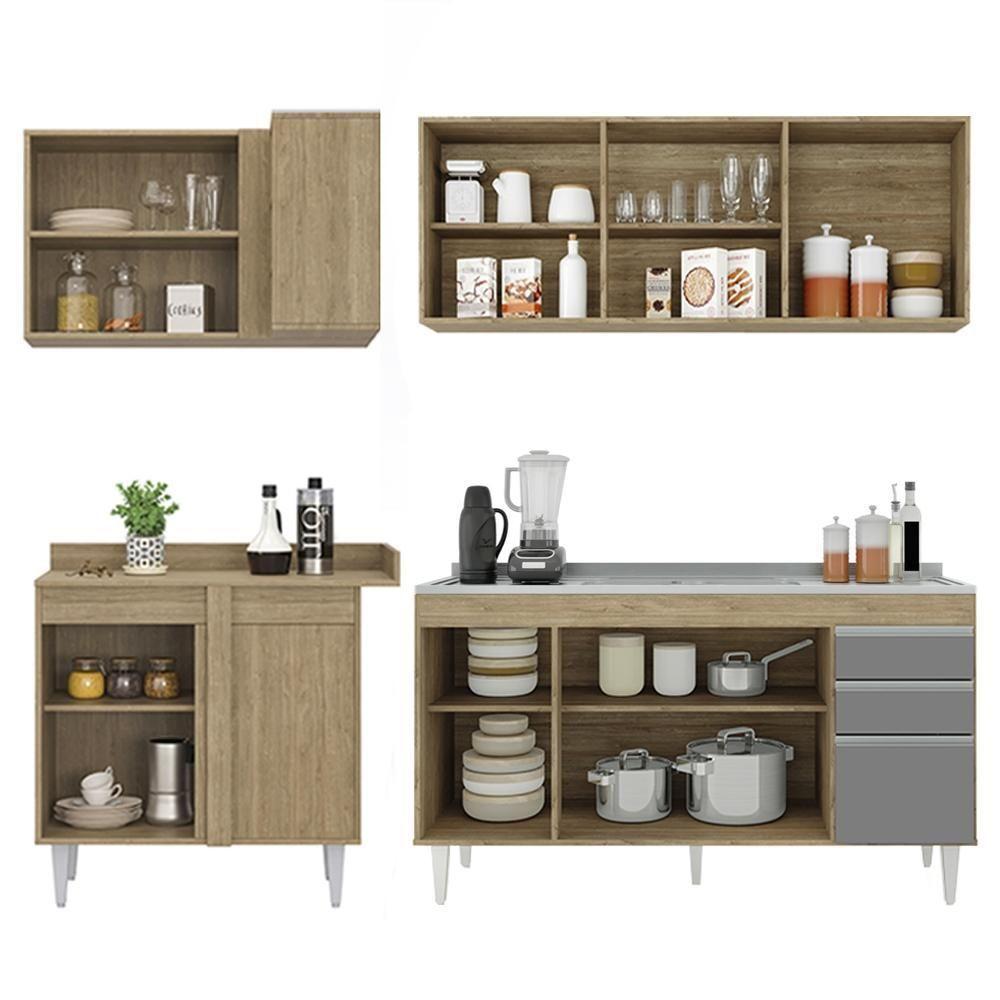 Armário De Cozinha Modulado De Canto Direito 4 Peças Cp42 Com Pia Inox Castanho/cinza - Lumil - 6