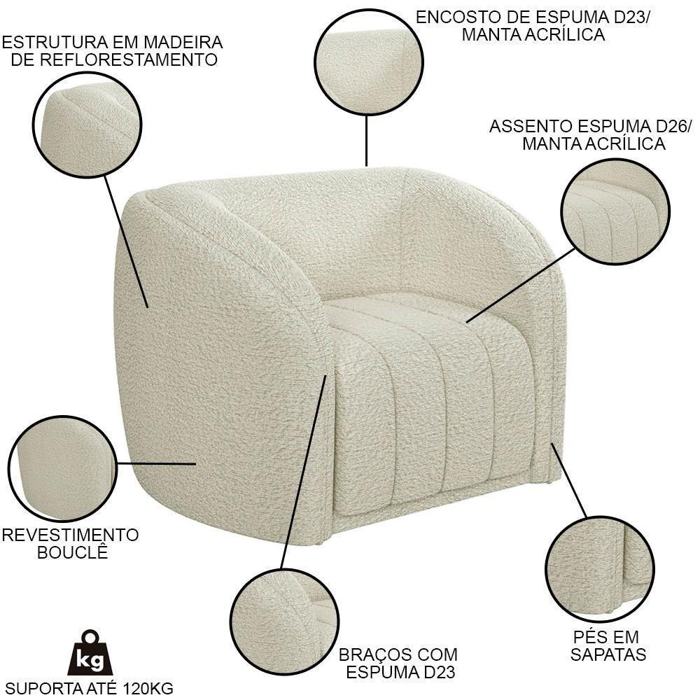 Sofá Decorativo 3 Lugares 252cm E Poltrona Meris M22 Boucle Cru - Mpozenato - 3