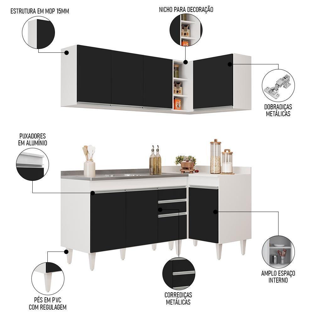 Armário De Cozinha Modulado De Canto Esquerdo 4 Peças Cp47 Balcão Com Tampo Branco/preto - Lumil - 3