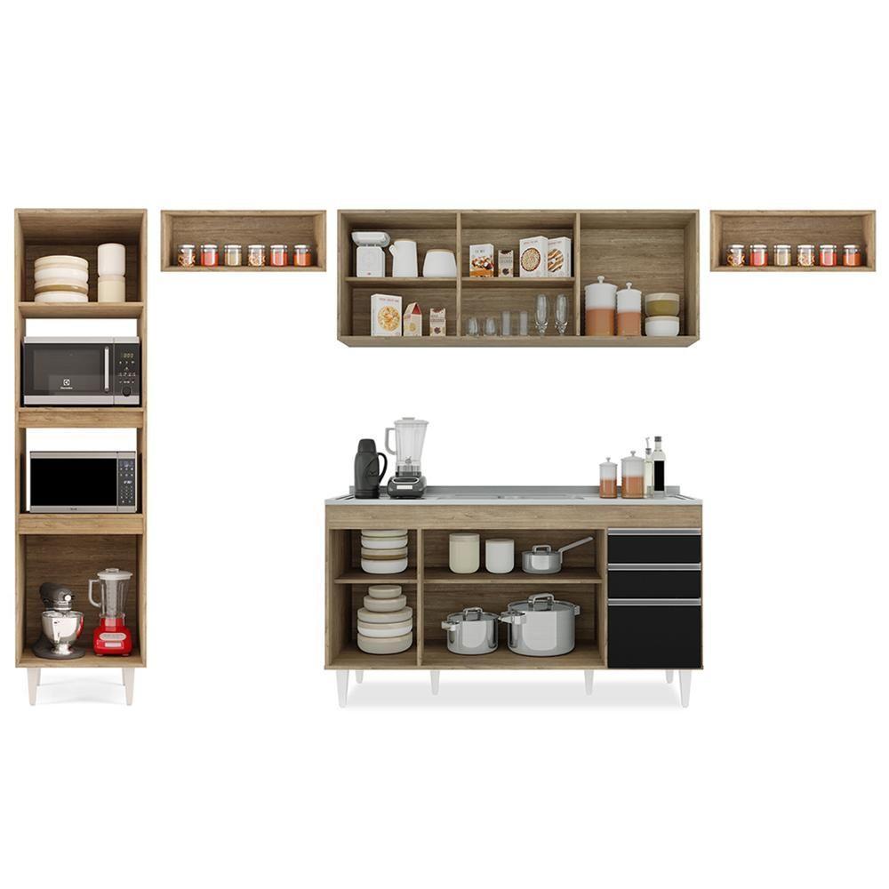 Armário De Cozinha Modulada 5 Peças Cp15 Balcão Com Pia Inox Castanho/preto - Lumil - 5