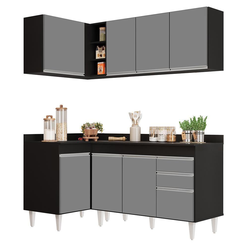Armário De Cozinha Modulado De Canto Direito 4 Peças Cp38 Balcão Com Tampo Preto/cinza - Lumil - 1