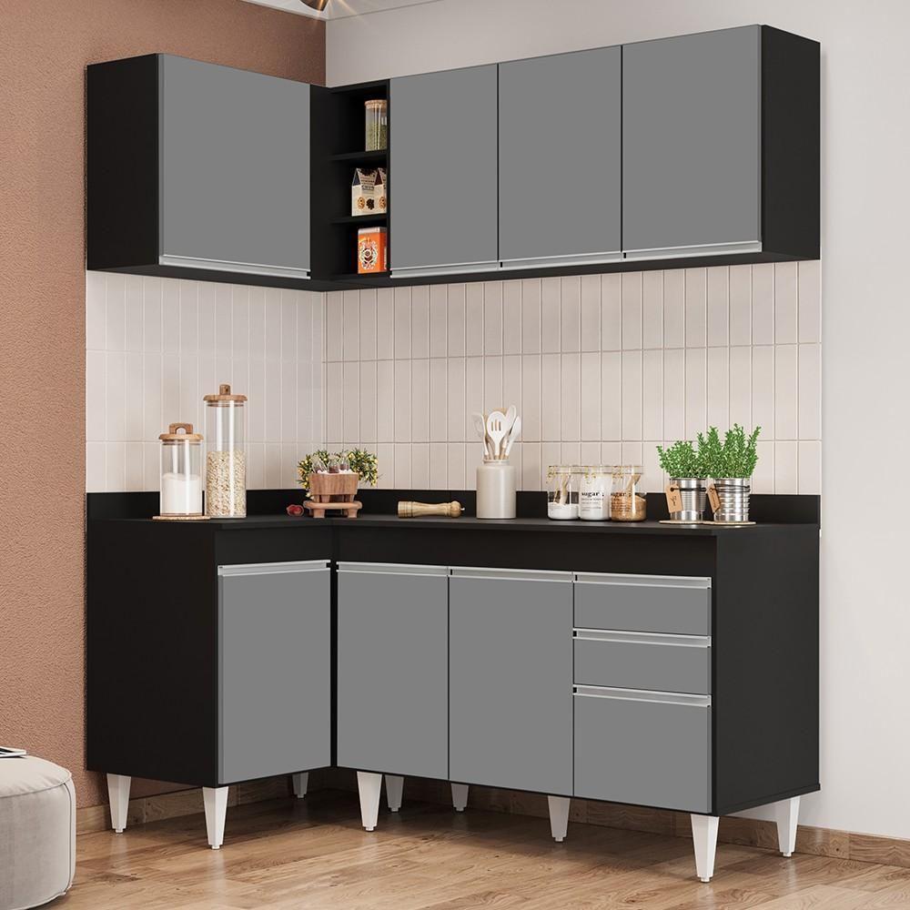 Armário De Cozinha Modulado De Canto Direito 4 Peças Cp38 Balcão Com Tampo Preto/cinza - Lumil - 2
