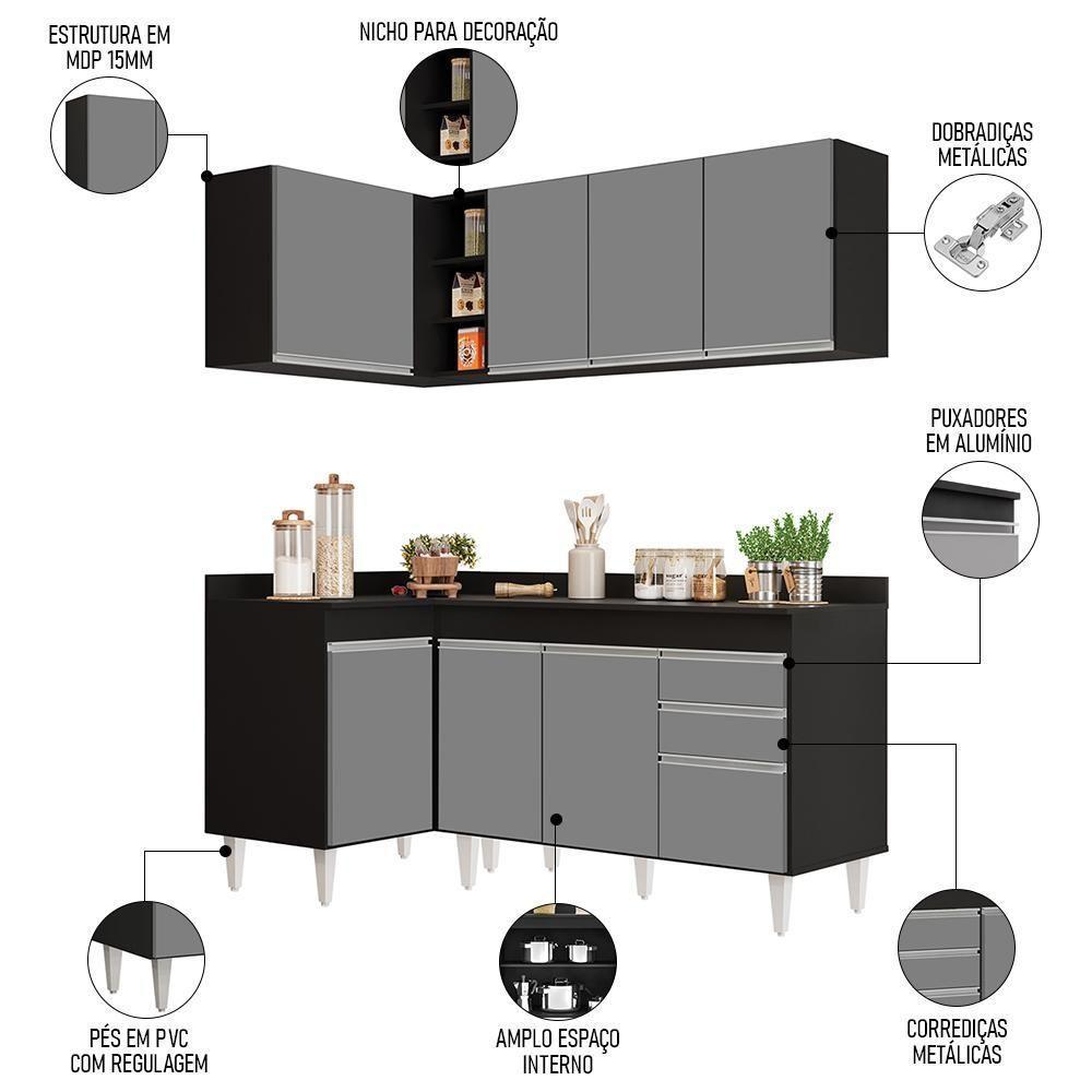 Armário De Cozinha Modulado De Canto Direito 4 Peças Cp38 Balcão Com Tampo Preto/cinza - Lumil - 3