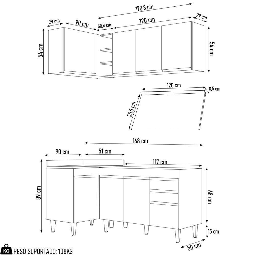 Armário De Cozinha Modulado De Canto Direito 4 Peças Cp38 Balcão Com Tampo Preto/cinza - Lumil - 4