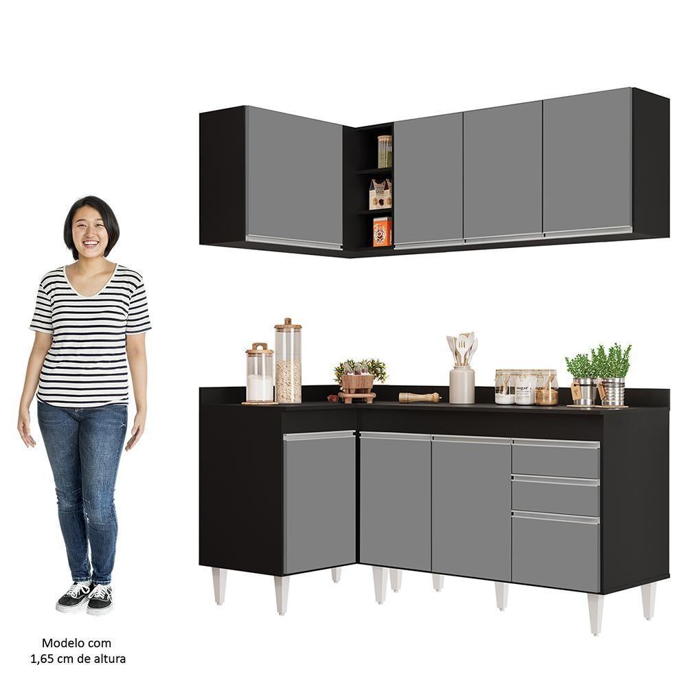 Armário De Cozinha Modulado De Canto Direito 4 Peças Cp38 Balcão Com Tampo Preto/cinza - Lumil - 5