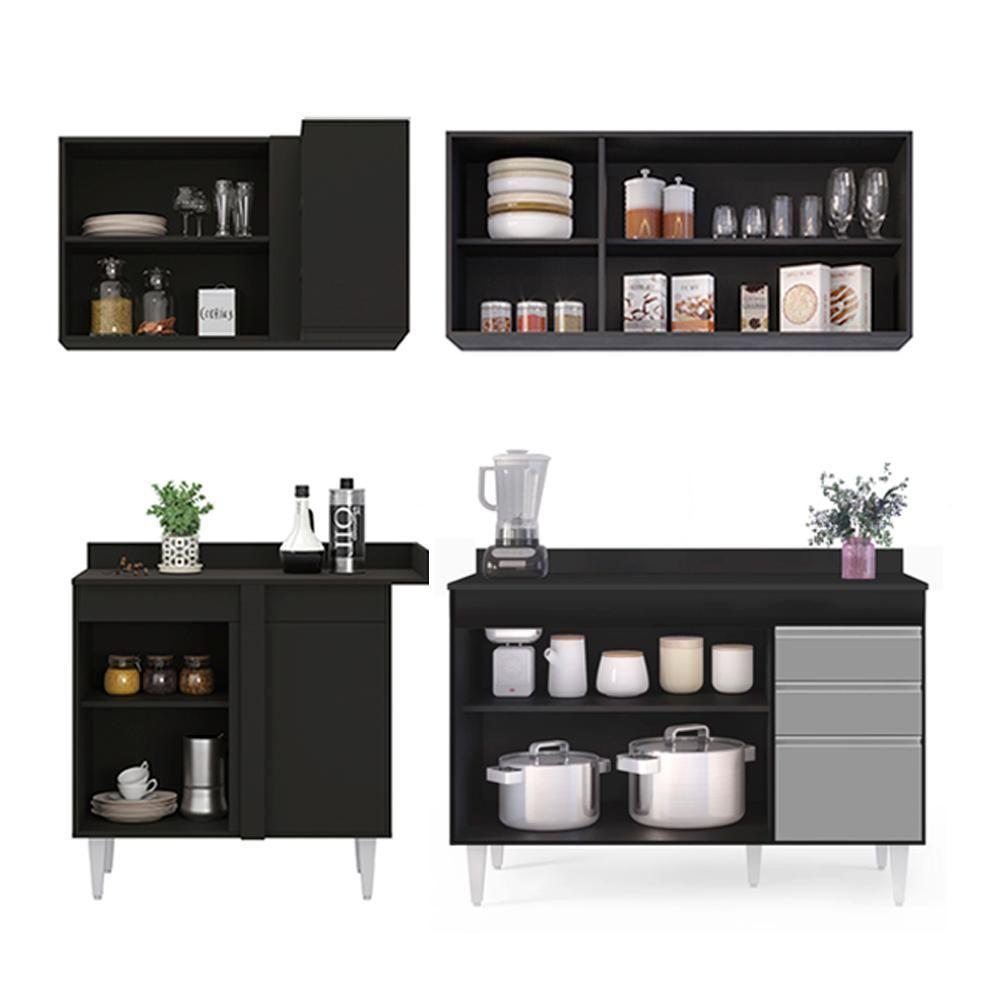 Armário De Cozinha Modulado De Canto Direito 4 Peças Cp38 Balcão Com Tampo Preto/cinza - Lumil - 6