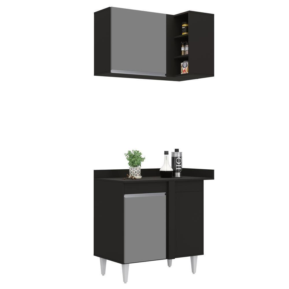 Armário De Cozinha Modulado De Canto Direito 4 Peças Cp38 Balcão Com Tampo Preto/cinza - Lumil - 9