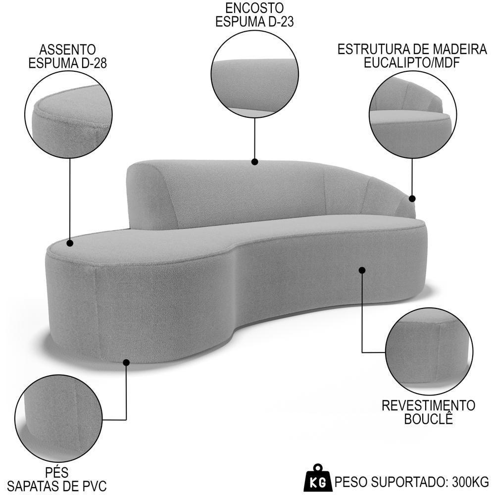 Sofá Living 3 Lugares 230cm Braço Direito Mozart D06 Bouclê Cinza - Mpozenato - 3