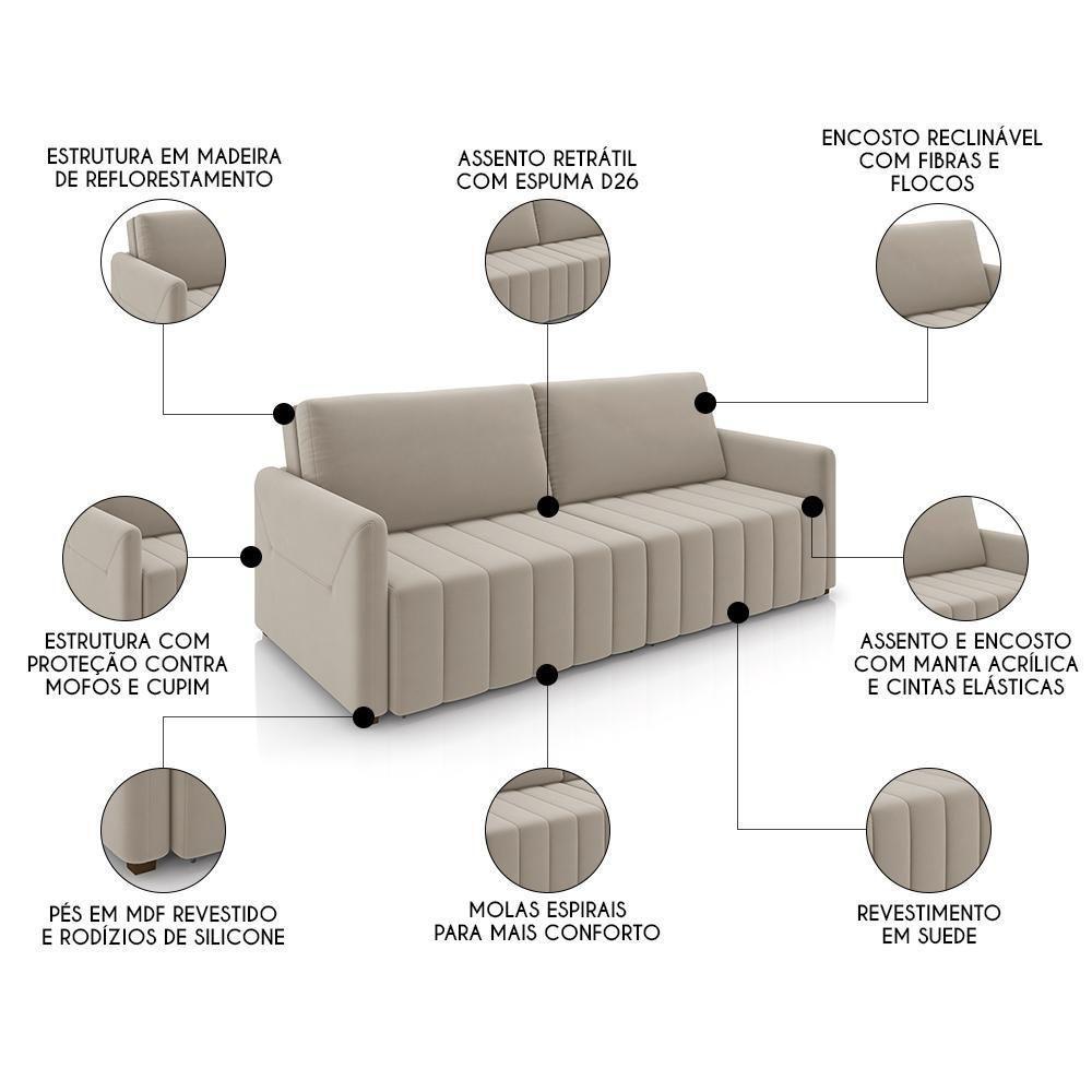 Sofá Cama Casal Retrátil 3 Lugares 220cm Atlas M22 Suede Bege - Mpozenato - 3