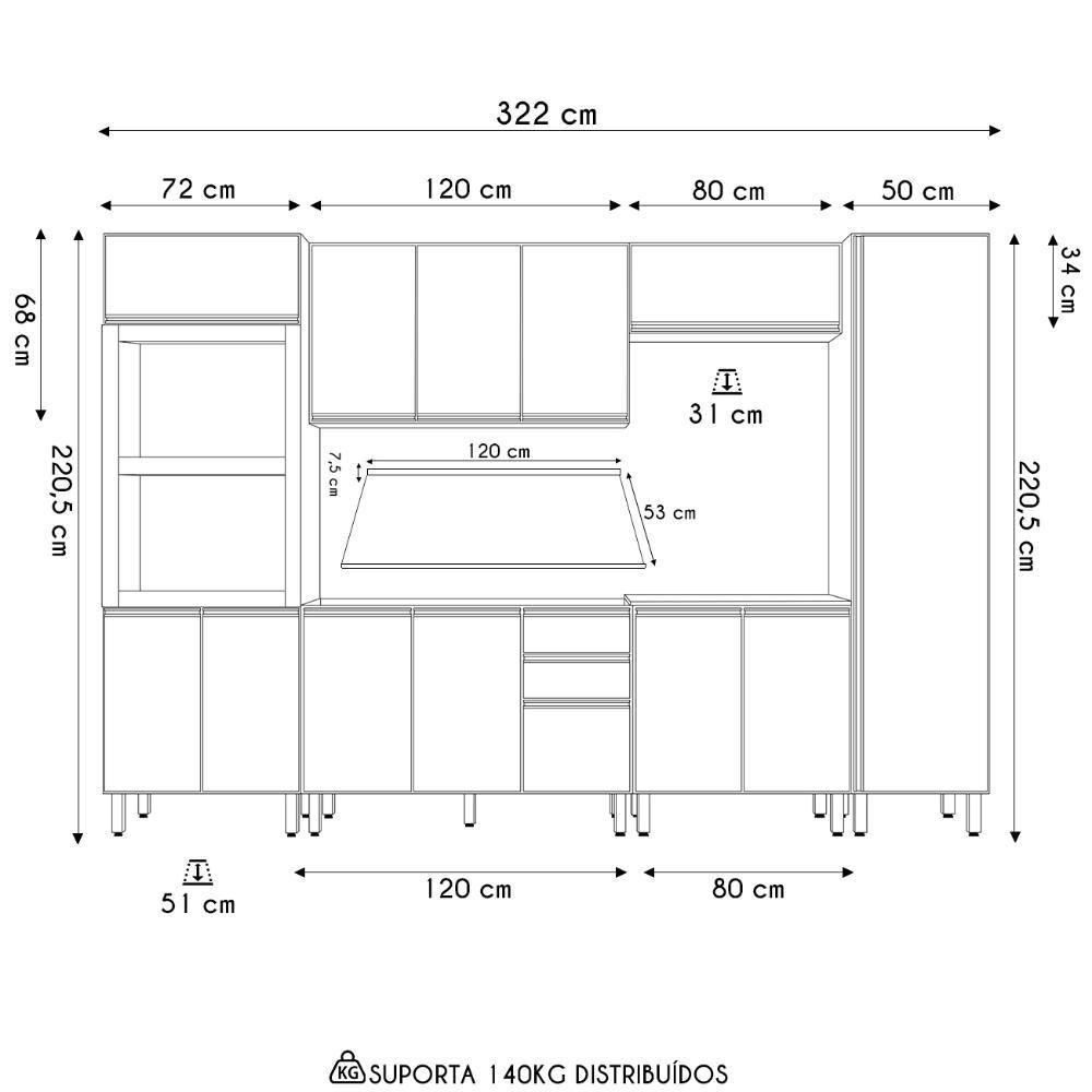 Armário De Cozinha 6 Peças Com Tampo Jessy N03 Carvalho/off - Mpozenato - 4