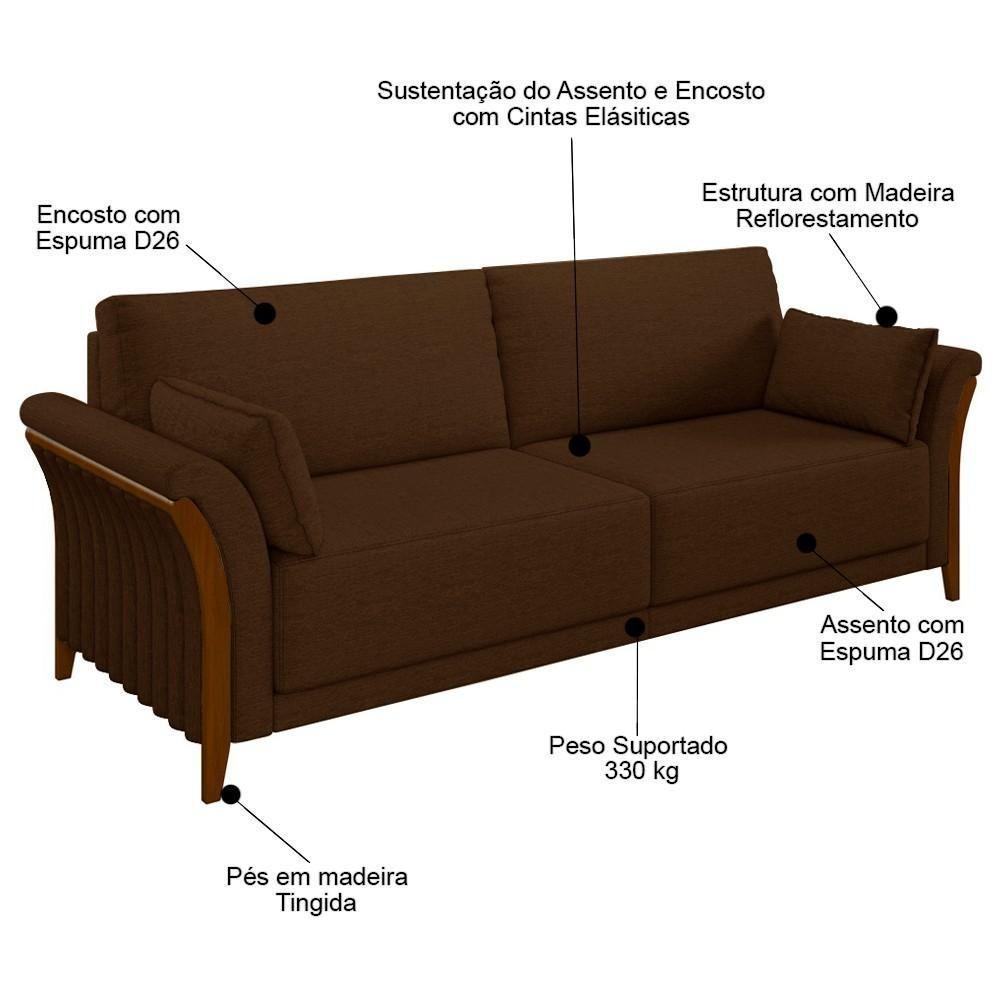Sofá Living 3 Lugares 222cm Pés Madeira Roya M22 Veludo Marrom - Mpozenato - 4
