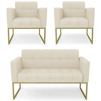 Sofá Namoradeira E 2 Poltronas Base Industrial Dourado Ana Linho Bege - Ibiza