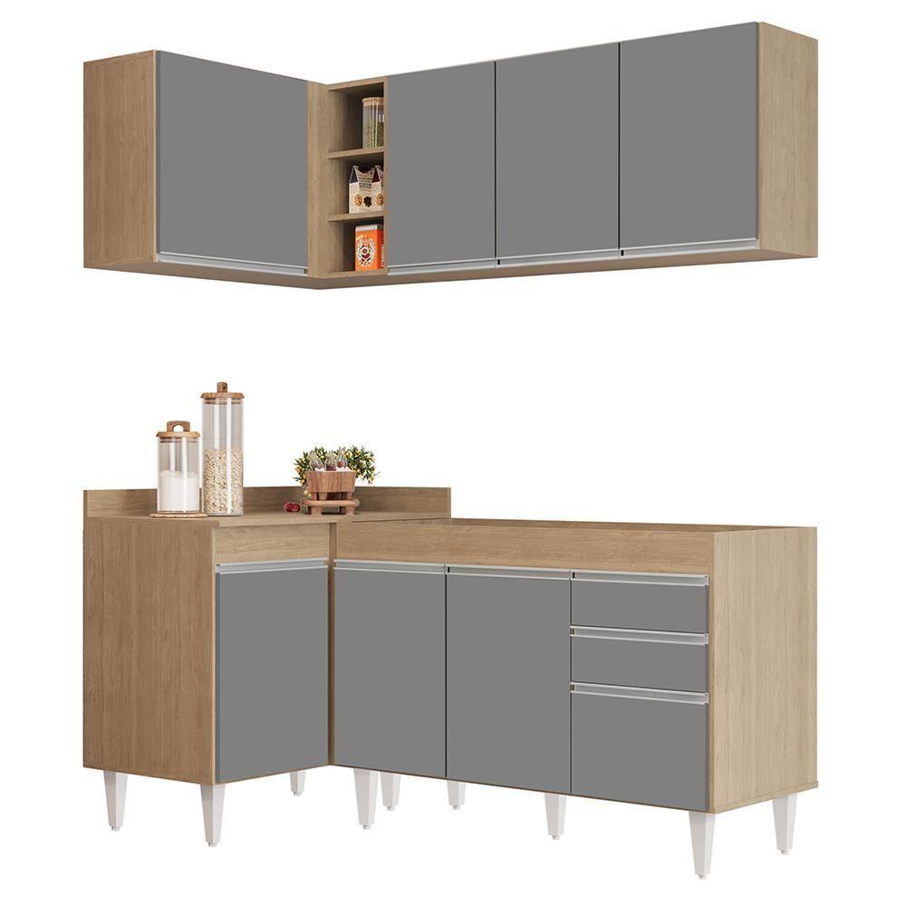 Armário De Cozinha Modulado De Canto Direito 4 Peças Cp37 Balcão Sem Tampo Castanho/cinza - Lumil - 1