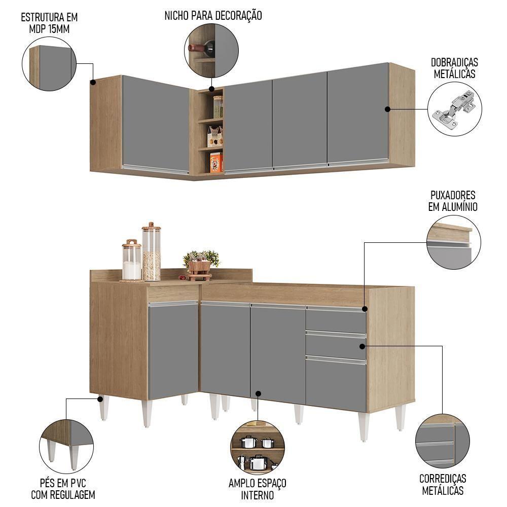 Armário De Cozinha Modulado De Canto Direito 4 Peças Cp37 Balcão Sem Tampo Castanho/cinza - Lumil - 3