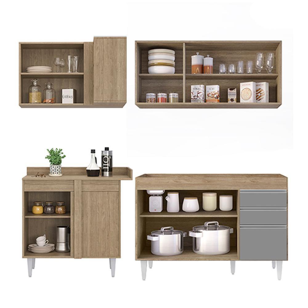 Armário De Cozinha Modulado De Canto Direito 4 Peças Cp37 Balcão Sem Tampo Castanho/cinza - Lumil - 6